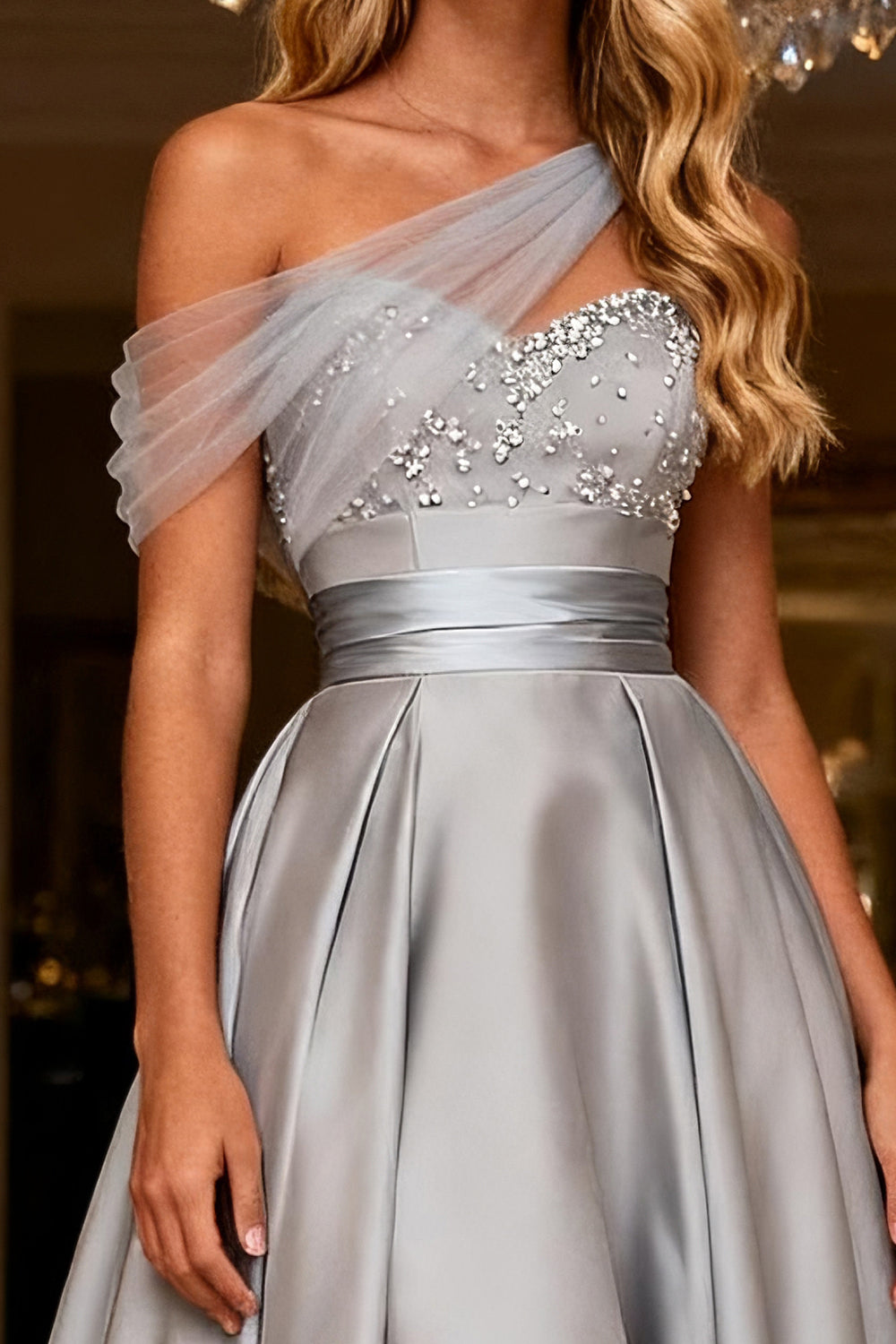 Sparkly Grey A Line Satin One Shoulder Long Prom Dress with Bow