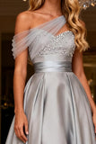 Sparkly Grey A Line Satin One Shoulder Long Prom Dress with Bow