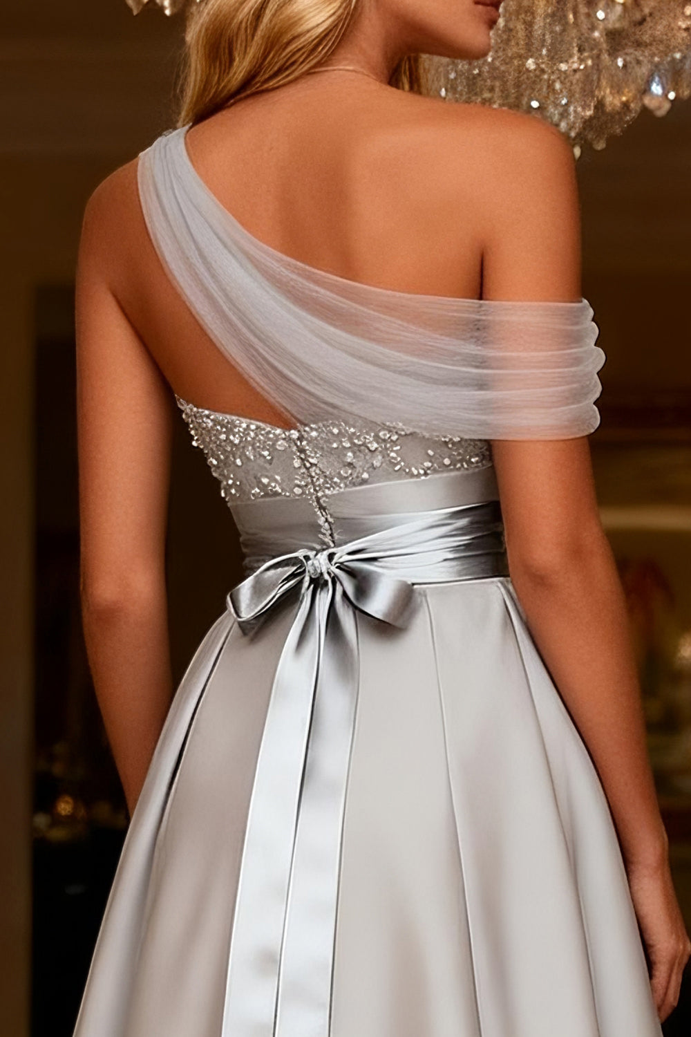 Sparkly Grey A Line Satin One Shoulder Long Prom Dress with Bow