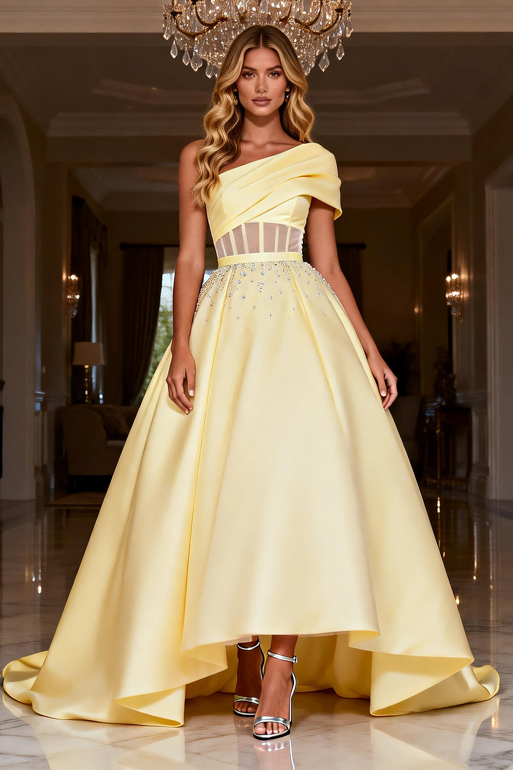 Sparkly Light Yellow Satin Long Corset Prom Dress with Beading