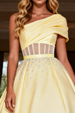 Sparkly Light Yellow Satin Long Corset Prom Dress with Beading