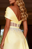 Sparkly Light Yellow Satin Long Corset Prom Dress with Beading