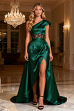 Dark Green Satin One Shoulder Long Corset Prom Dress with Slit