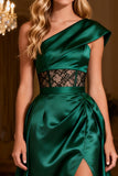 Dark Green Satin One Shoulder Long Corset Prom Dress with Slit