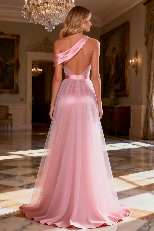 Sparkly Pink Beaded Satin Ruched Long Corset Prom Dress with Slit