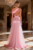 Sparkly Pink Beaded Satin Ruched Long Corset Prom Dress with Slit