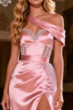 Sparkly Pink Beaded Satin Ruched Long Corset Prom Dress with Slit