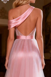 Sparkly Pink Beaded Satin Ruched Long Corset Prom Dress with Slit