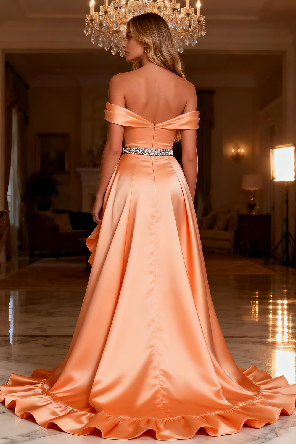 Sparkly Orange Beaded Satin Ruffled Long Prom Dress with Slit