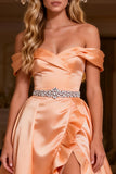 Sparkly Orange Beaded Satin Ruffled Long Prom Dress with Slit
