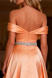 Sparkly Orange Beaded Satin Ruffled Long Prom Dress with Slit