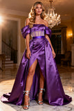 Purple Satin Off the Shoulder Long Corset Prom Dress with Slit