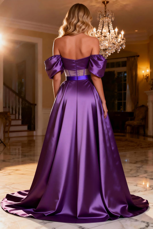 Purple Satin Off the Shoulder Long Corset Prom Dress with Slit