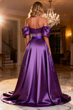 Purple Satin Off the Shoulder Long Corset Prom Dress with Slit