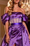 Purple Satin Off the Shoulder Long Corset Prom Dress with Slit