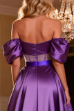 Purple Satin Off the Shoulder Long Corset Prom Dress with Slit