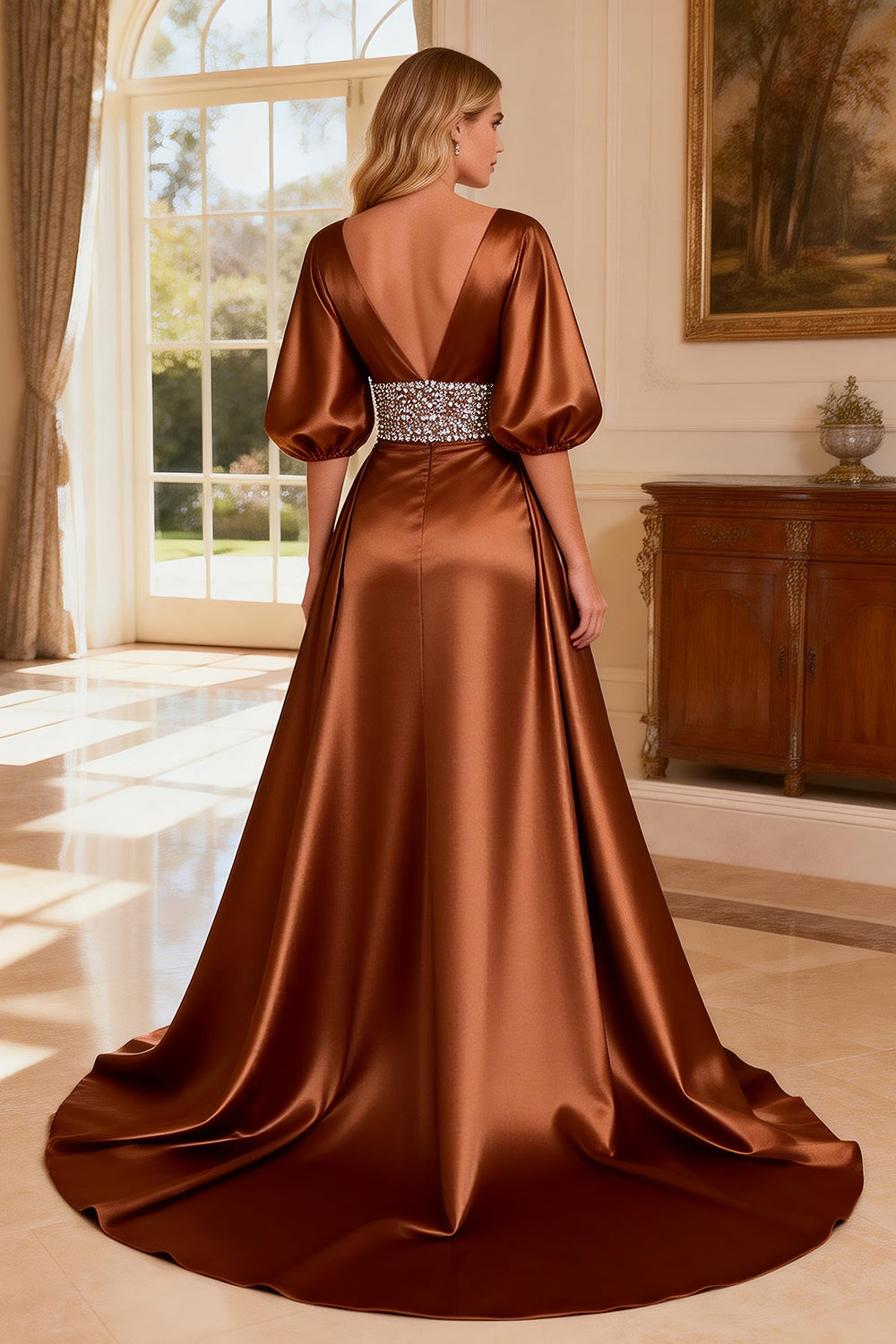 Sparkly Bronze Beaded Satin V-Neck Long Prom Dress with Slit
