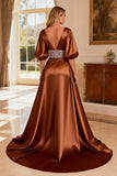 Sparkly Bronze Beaded Satin V-Neck Long Prom Dress with Slit