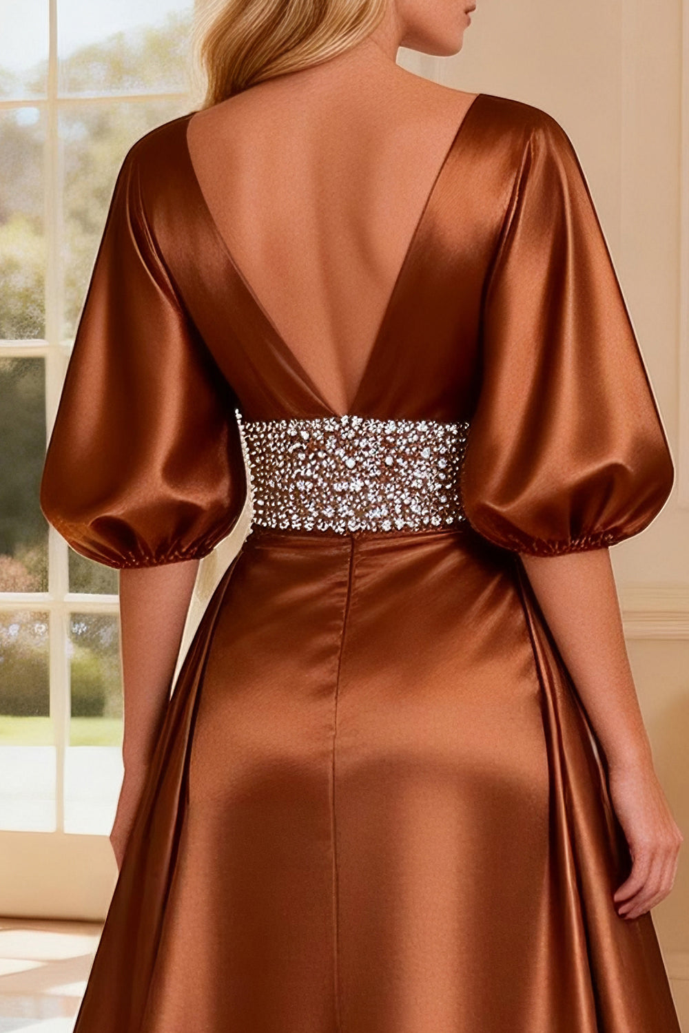 Sparkly Bronze Beaded Satin V-Neck Long Prom Dress with Slit
