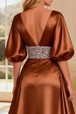 Sparkly Bronze Beaded Satin V-Neck Long Prom Dress with Slit