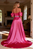Sparkly Hot Pink Beaded Satin Long Prom Dress with Slit