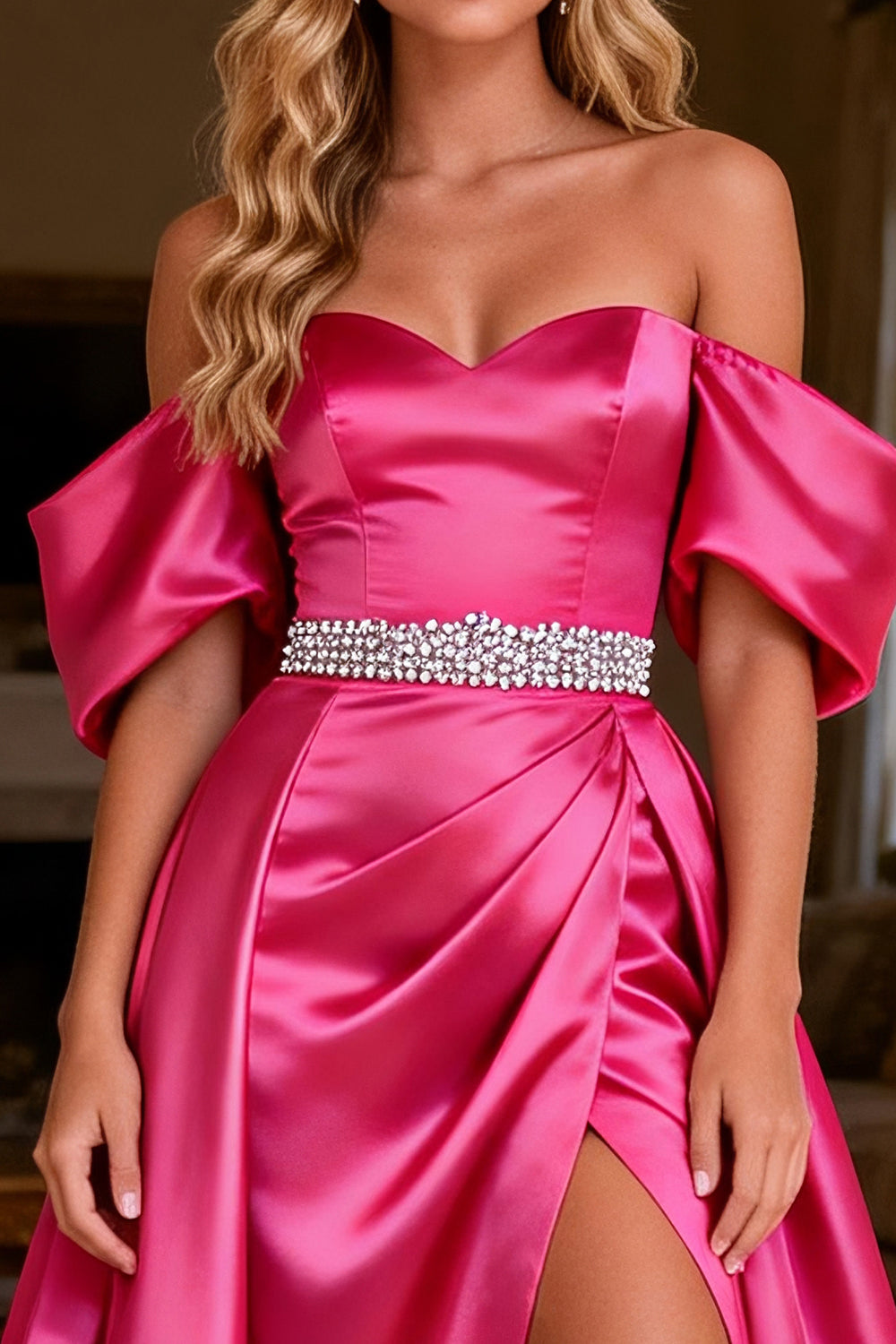 Sparkly Hot Pink Beaded Satin Long Prom Dress with Slit