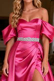 Sparkly Hot Pink Beaded Satin Long Prom Dress with Slit