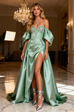 Sparkly Sage Green Beaded Satin Long Prom Dress with Slit