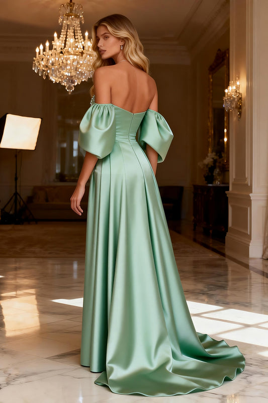 Sparkly Sage Green Beaded Satin Long Prom Dress with Slit