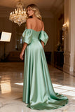Sparkly Sage Green Beaded Satin Long Prom Dress with Slit
