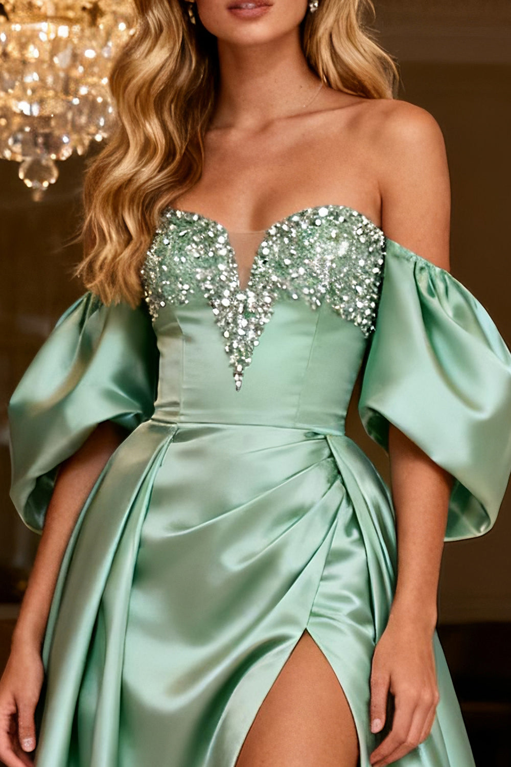 Sparkly Sage Green Beaded Satin Long Prom Dress with Slit