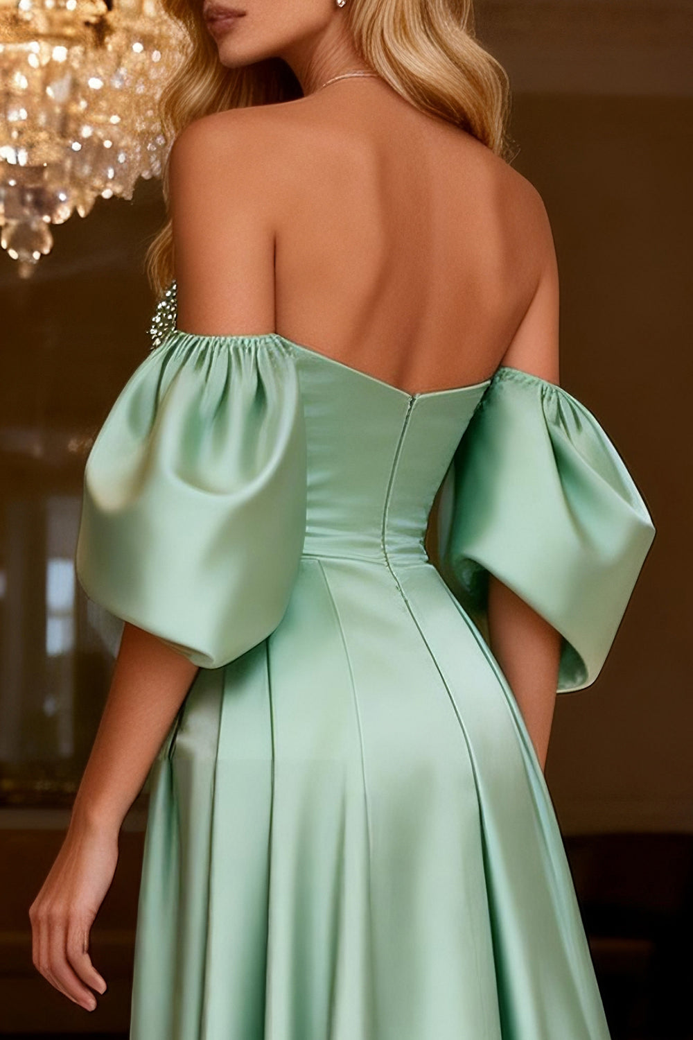 Sparkly Sage Green Beaded Satin Long Prom Dress with Slit