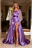 Sparkly Purple Beaded Satin Ruched Long Prom Dress with Cape