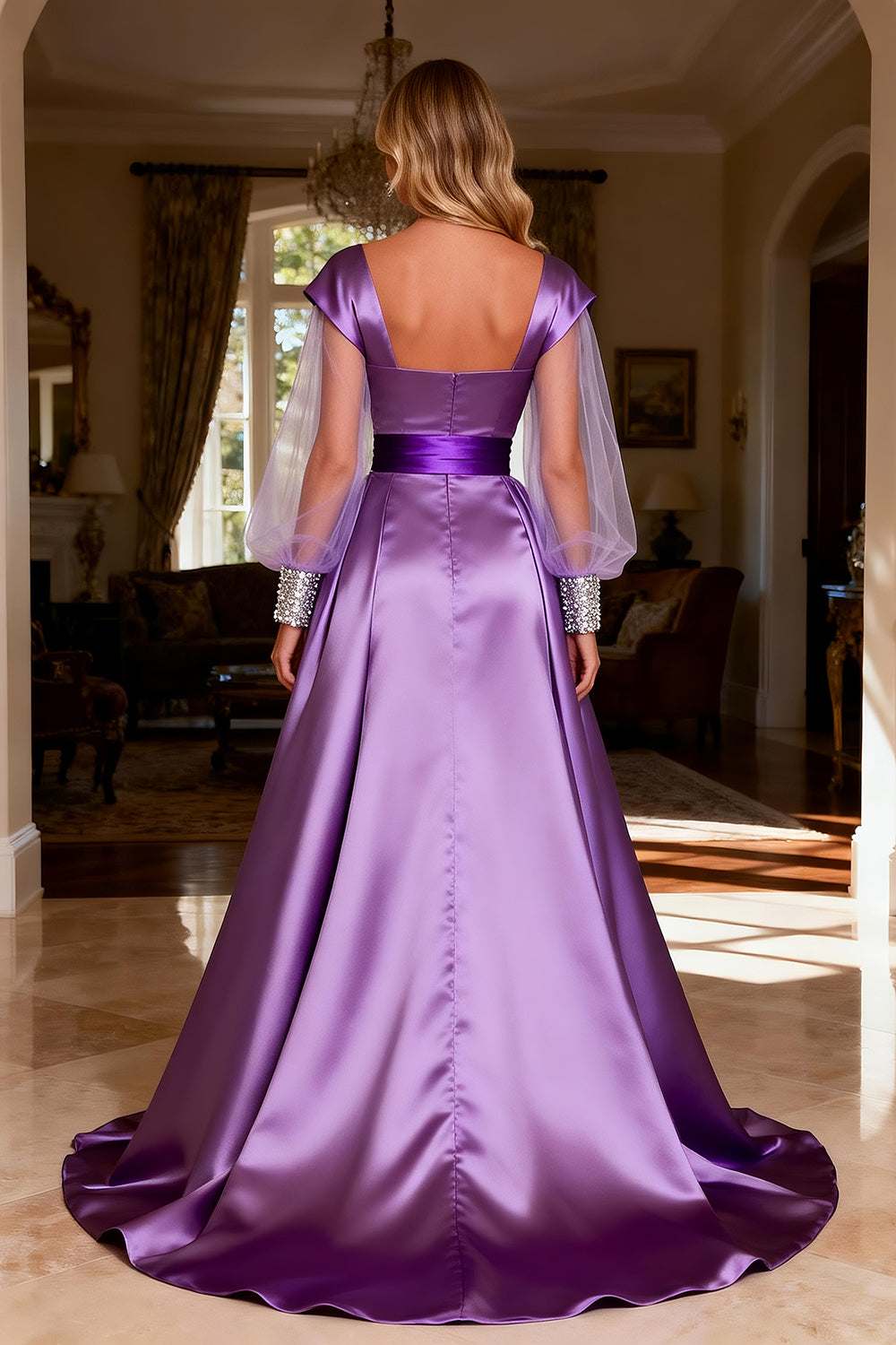 Sparkly Purple Beaded Satin Ruched Long Prom Dress with Cape