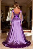 Sparkly Purple Beaded Satin Ruched Long Prom Dress with Cape