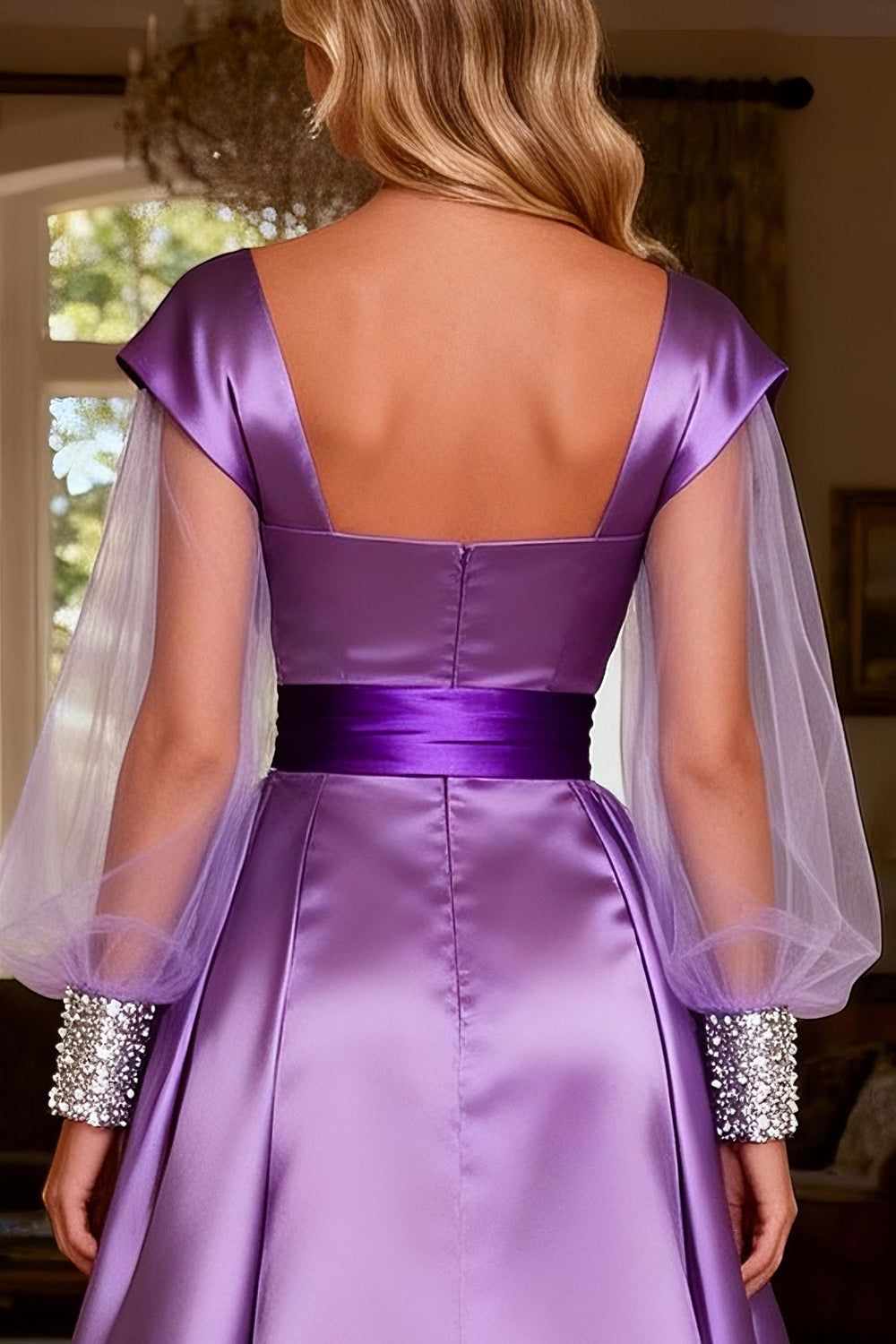 Sparkly Purple Beaded Satin Ruched Long Prom Dress with Cape