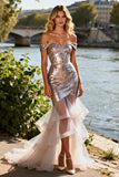 Sparkly Champagne Sequin Mermaid Ruffled Long Prom Dress with Slit