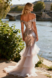 Sparkly Champagne Sequin Mermaid Ruffled Long Prom Dress with Slit