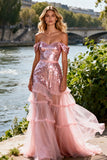 Sparkly Pink Sequin Ruffled Off the Shoulder Long Prom Dress