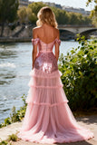Sparkly Pink Sequin Ruffled Off the Shoulder Long Prom Dress