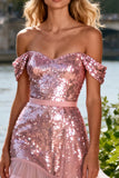 Sparkly Pink Sequin Ruffled Off the Shoulder Long Prom Dress