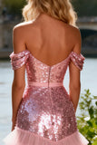 Sparkly Pink Sequin Ruffled Off the Shoulder Long Prom Dress