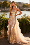 Sparkly Gold Sequin Tiered Ruffled Long Prom Dress with Cape