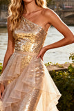Sparkly Gold Sequin Tiered Ruffled Long Prom Dress with Cape