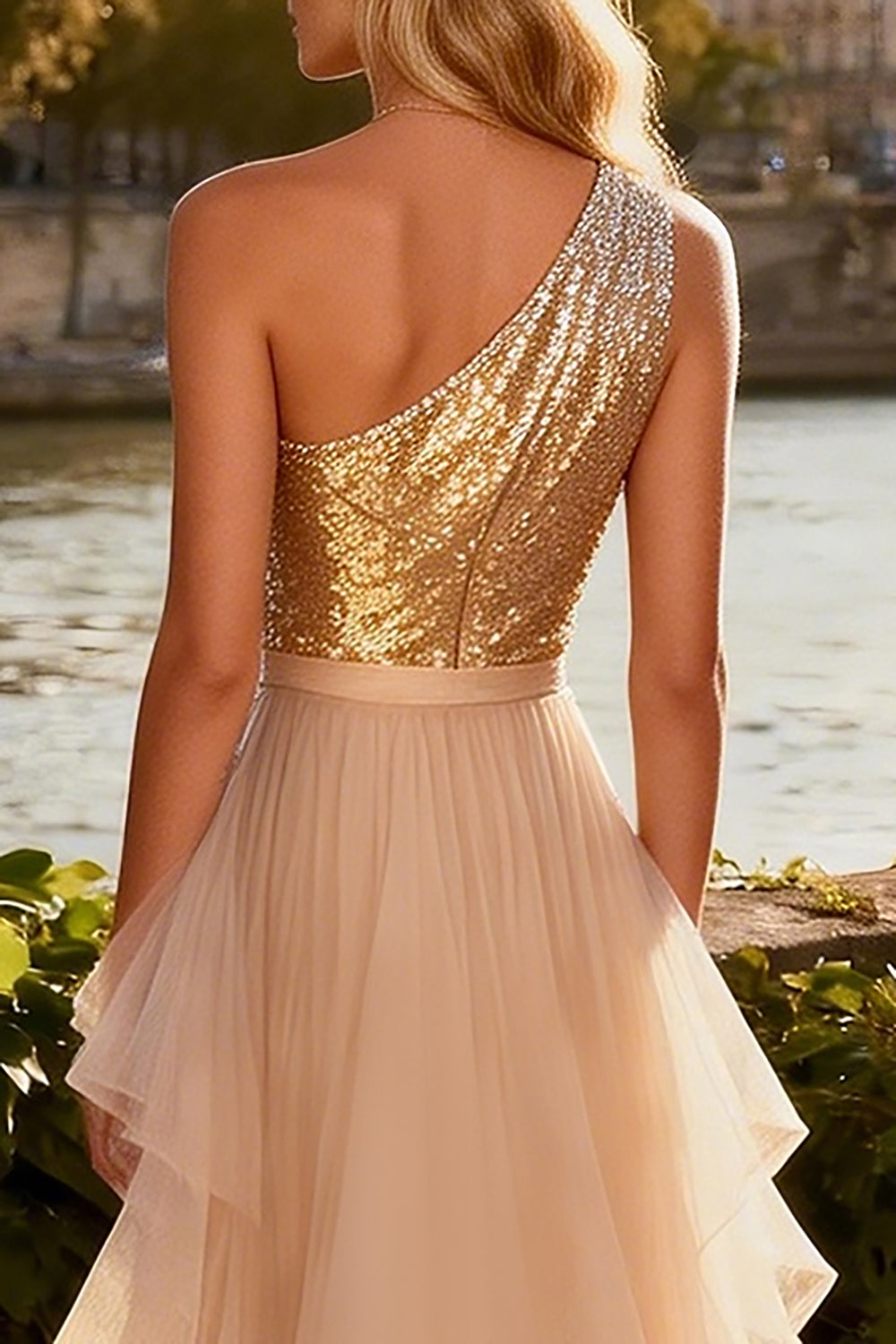 Sparkly Gold Sequin Tiered Ruffled Long Prom Dress with Cape