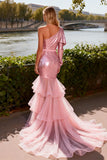 Sparkly Pink Sequin Tiered Ruffled Mermaid Long Prom Dress