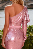 Sparkly Pink Sequin Tiered Ruffled Mermaid Long Prom Dress