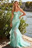 Sparkly Mint Green Sequin Tiered Mermaid Long Prom Dress with Ruffles