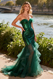 Sparkly Dark Green Mermaid Sequin Tiered Ruffled Long Prom Dress