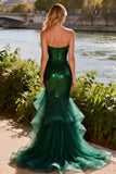 Sparkly Dark Green Mermaid Sequin Tiered Ruffled Long Prom Dress